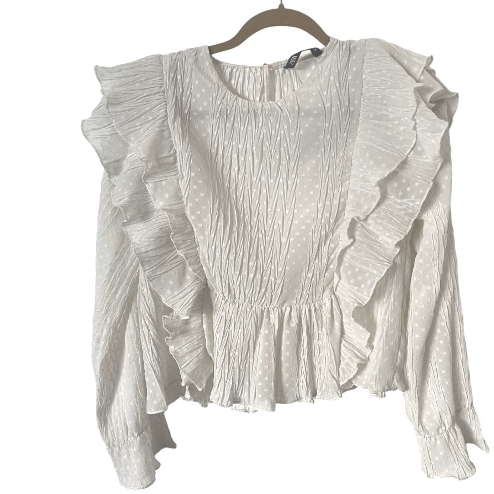 Zara Swiss Dot Ruffle Blouse White L